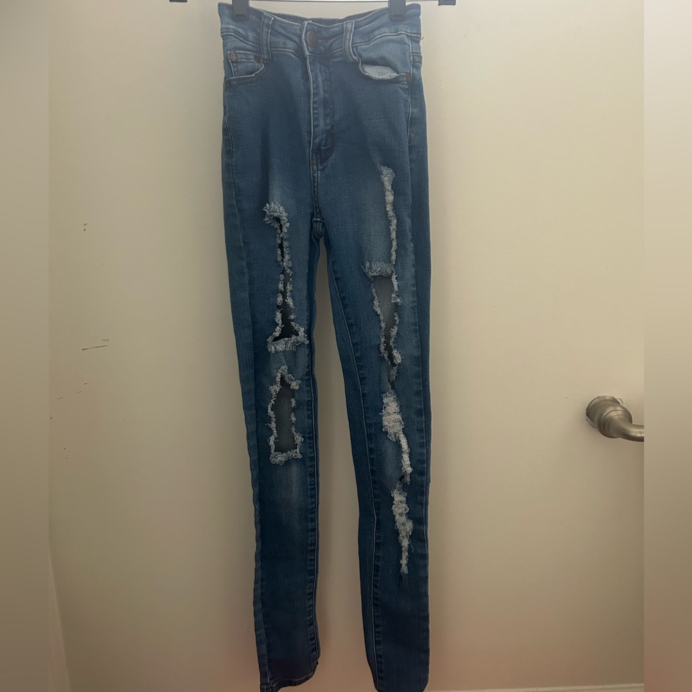 Dark wash high waisted distress jeans - Picture 1 of 2